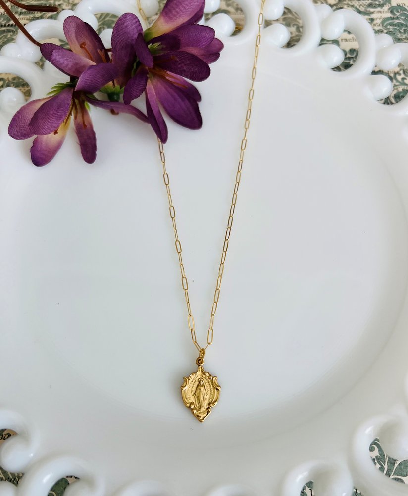 Ornate Miraculous Medal on Petite Paperclip Chain Necklace