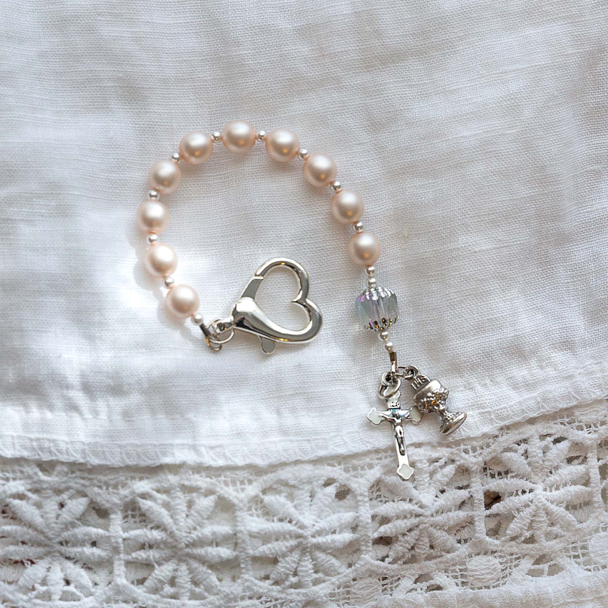 Girl's First Communion Pearl Blue Rosary Bracelet –