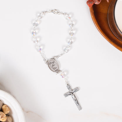 Aurora Borealis Clear Crystal Guardian Angel Auto Rosary