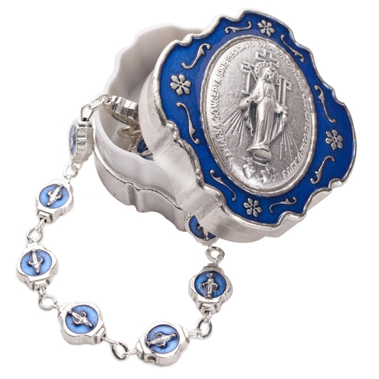 Blue Enamel Miraculous Box w/ Rosary Bracelet