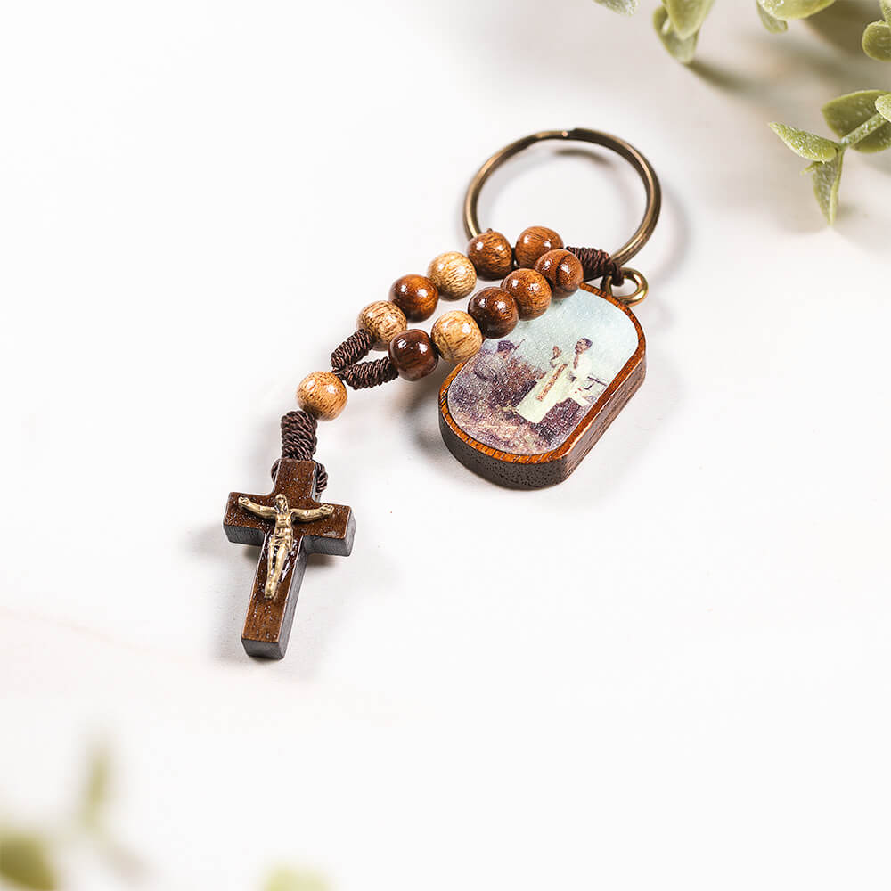 Ven. Emil Kapaun Wooden Dog Tag Rosary Keychain