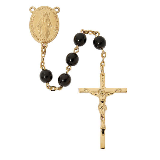 Gold Plated Black Glass Miraculous Medal Rosary