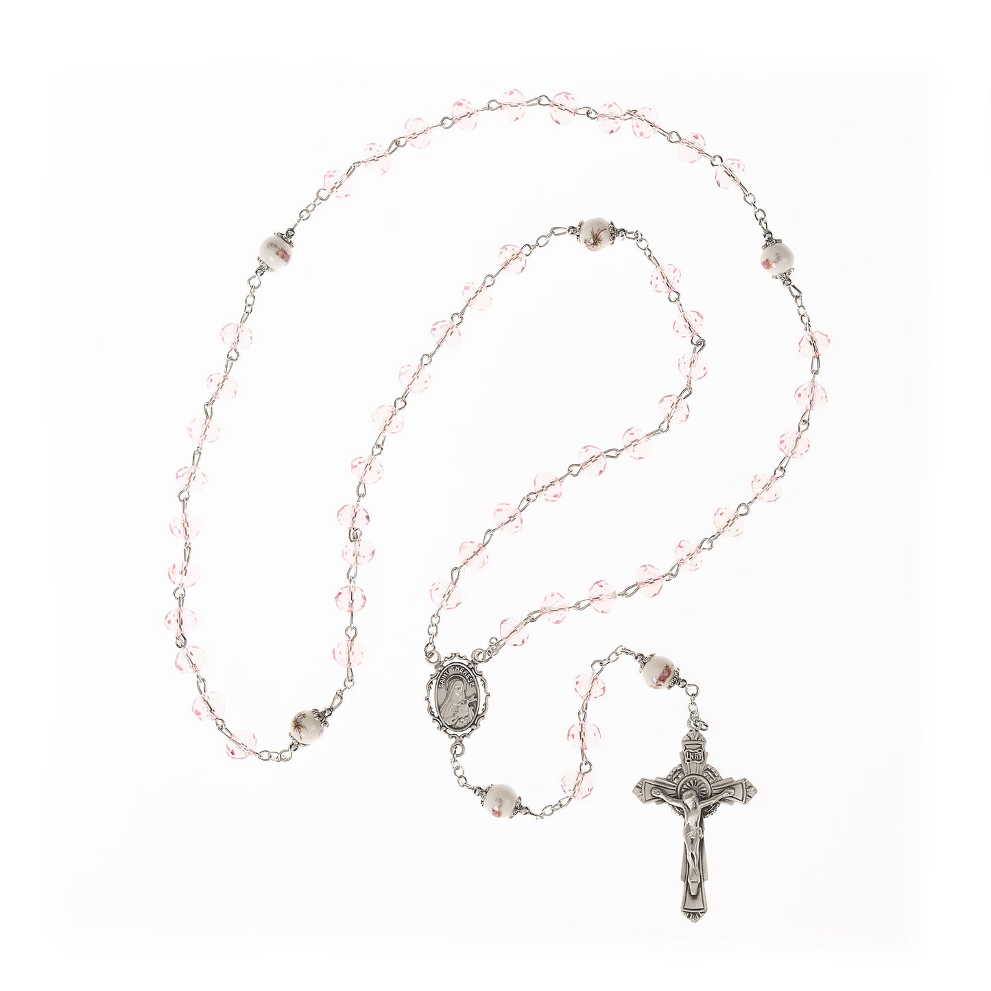 St Therese Pink Crystal & Ceramic Rosary