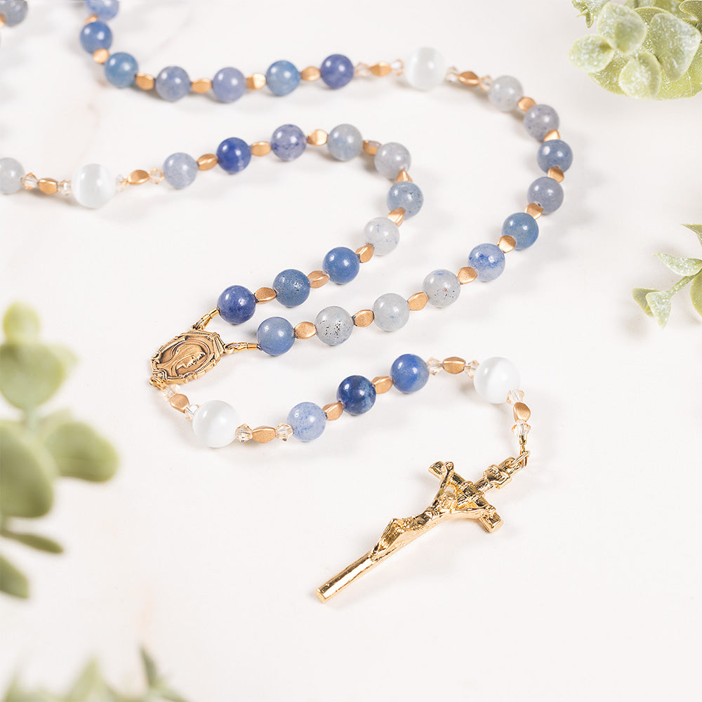 Blue Aventurine & White Cats Eye Mary Mother of God Rosary