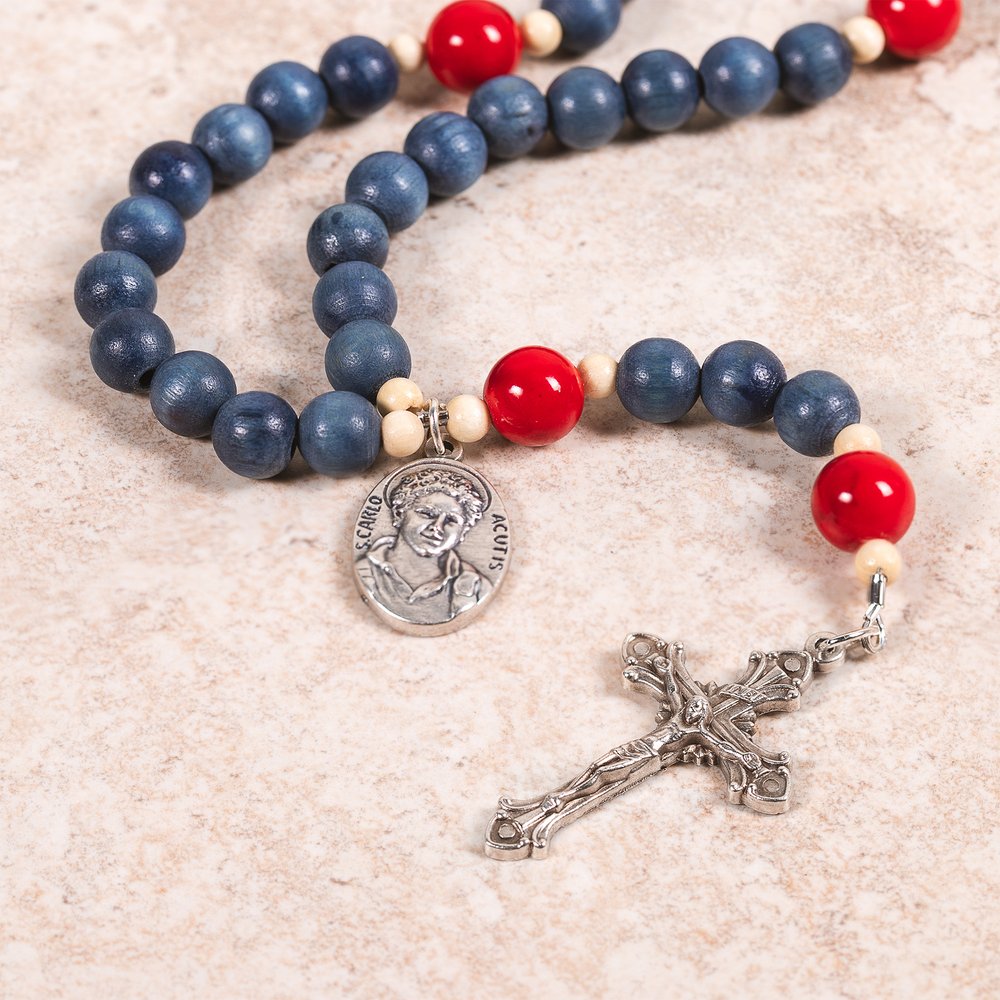 St. Carlo Acutis Blue Wood & Red Mountain Jade Rosary