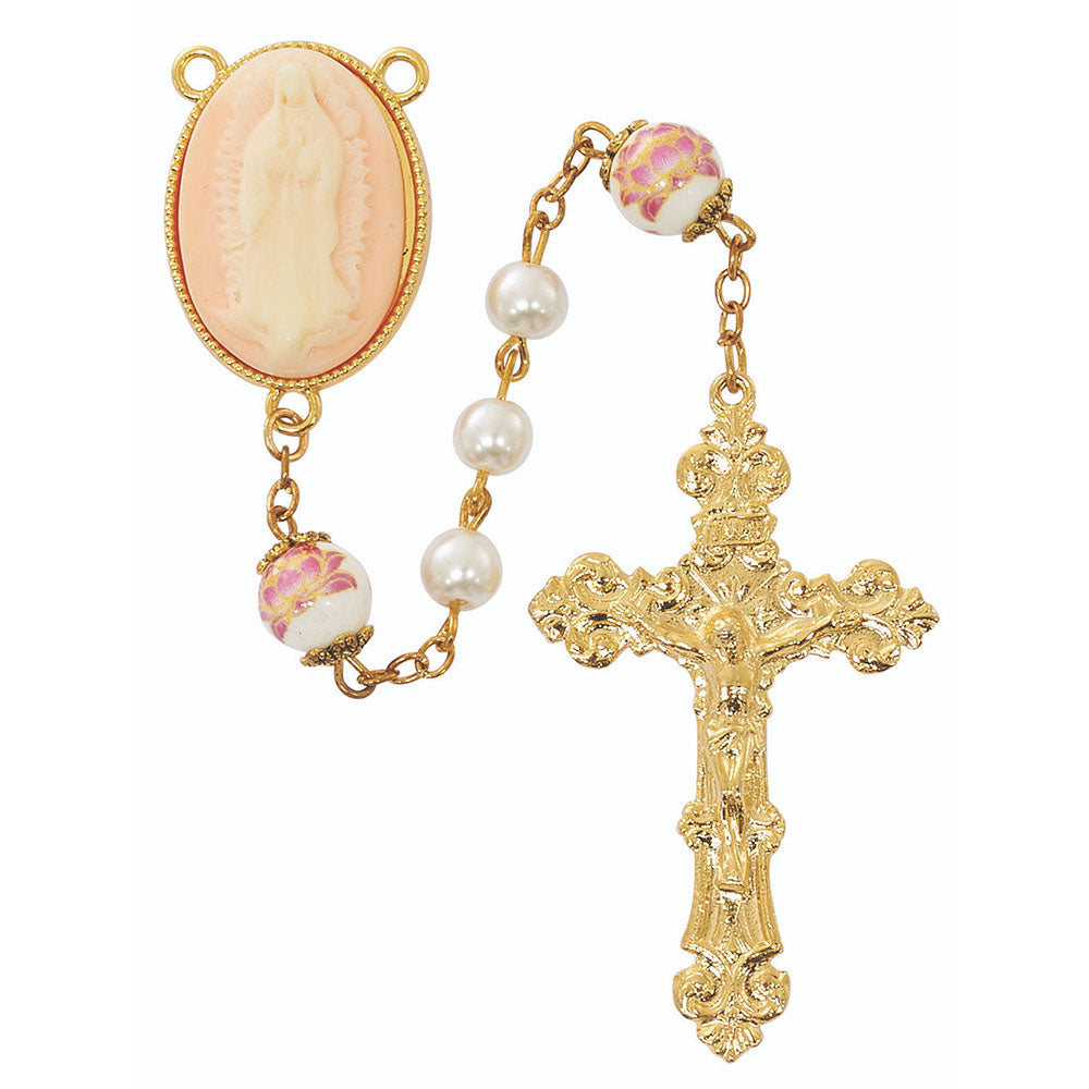 Pink Cameo Guadalupe Floral Rosary