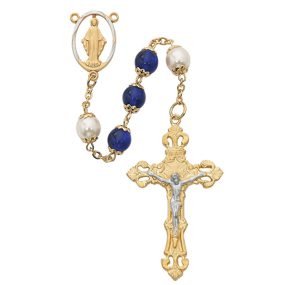 Two-Tone Gold Plated Royal Blue & Pearl Rosary