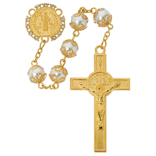 Capped Gold Pearl & Rhinestone St. Benedict Rosary