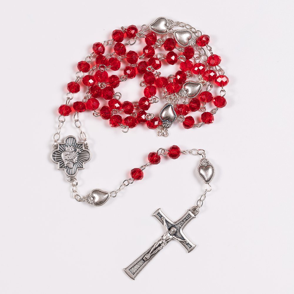 Stylized Sacred Heart Red Crystal Rosary
