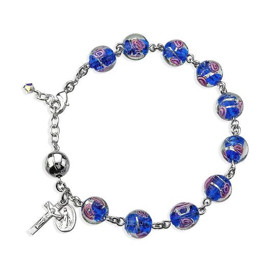 Blue Venetian-Style Glass Rose Rosary Bracelet