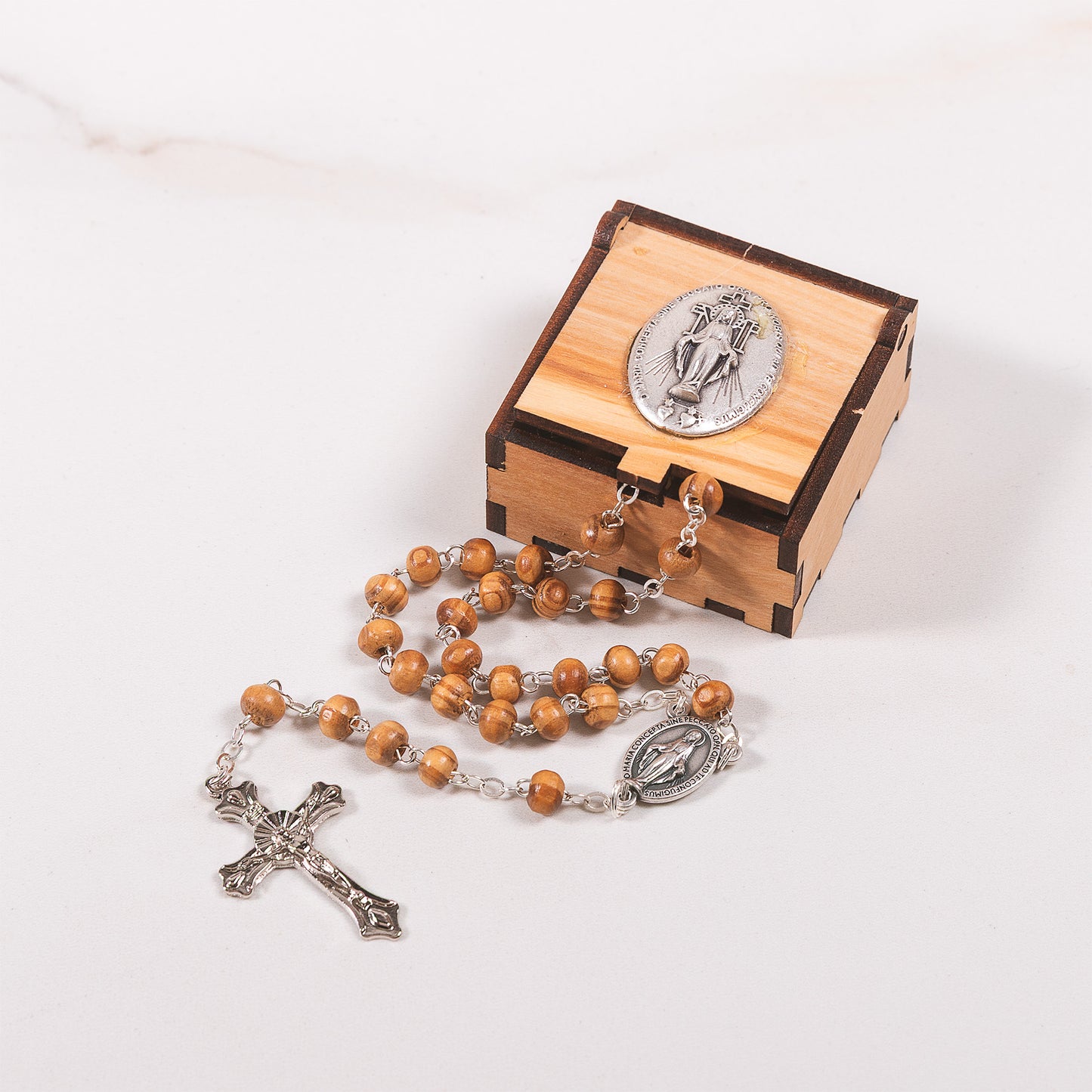 Italian Wood Rosary & Miraculous Medal Rosary Box