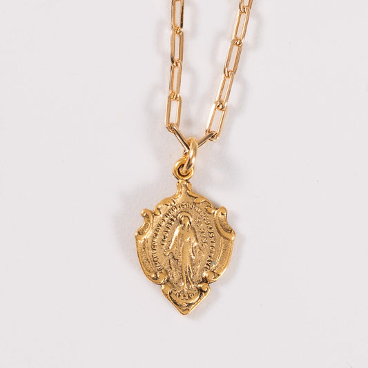 Ornate Miraculous Medal on Petite Paperclip Chain Necklace