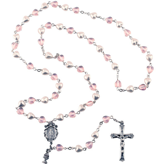 First Communion Pearl and Pink Hearts Rosary