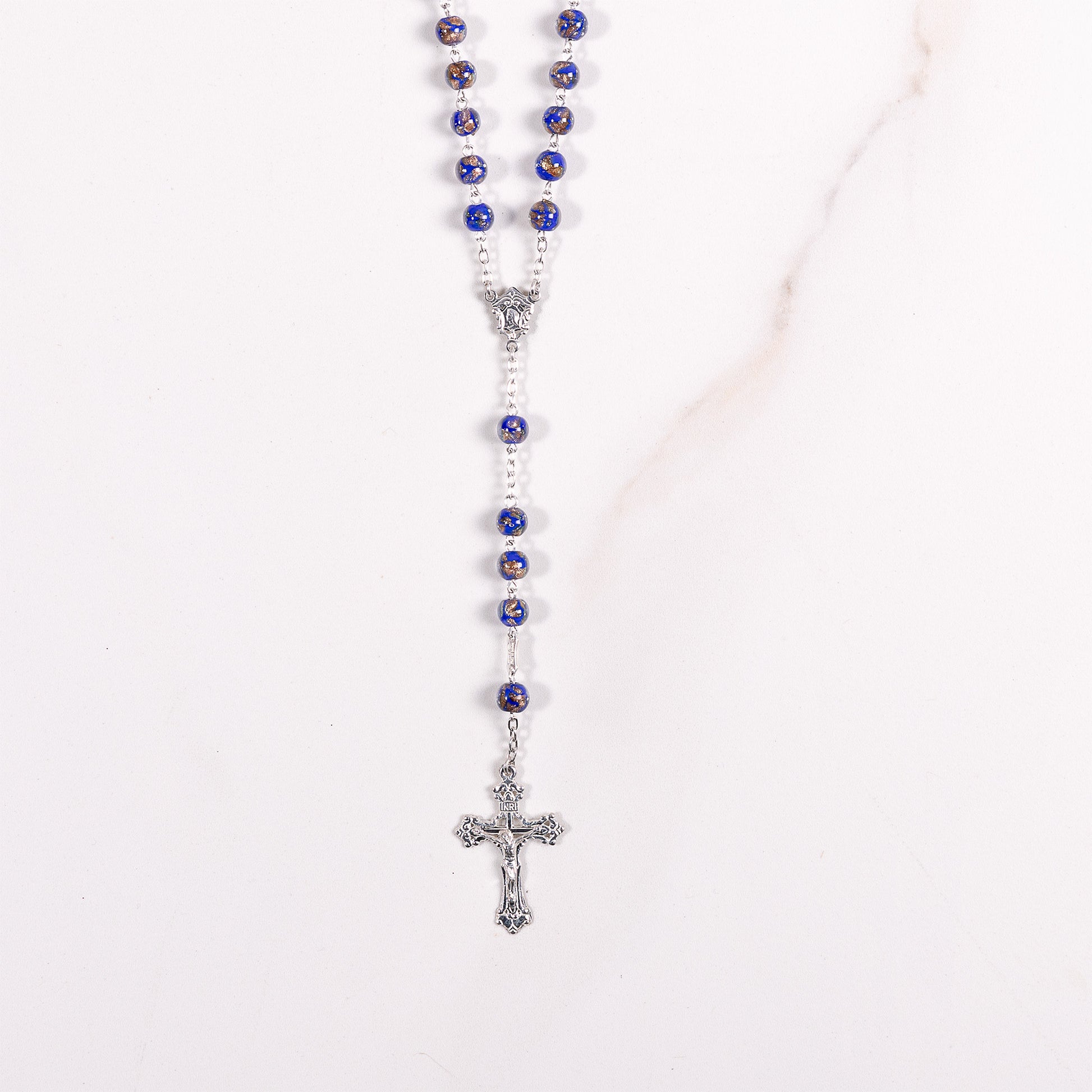 Italian Sterling Blue & Gold Glass Rosary