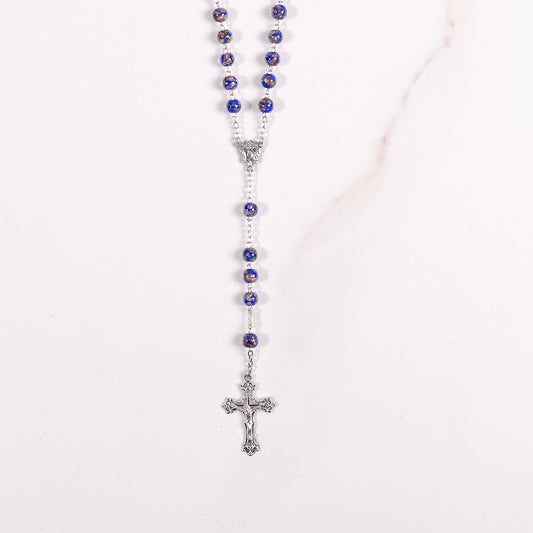 Italian Sterling Blue & Gold Glass Rosary