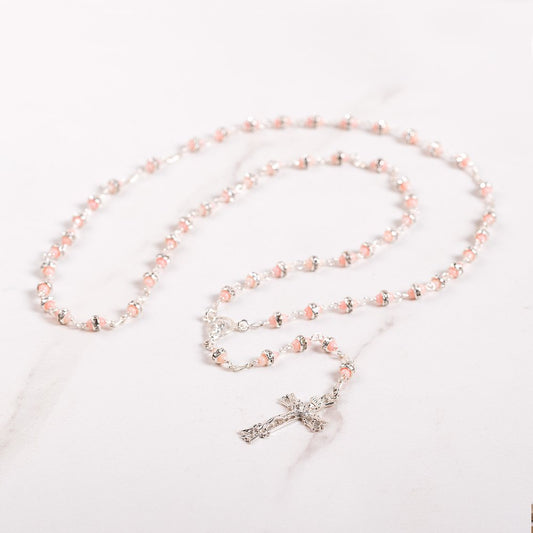Sterling Silver Coral & Rhinestone Rosary