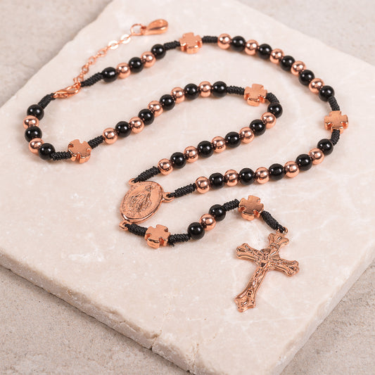Rose Gold & Black Rosary Necklace or Auto Rosary