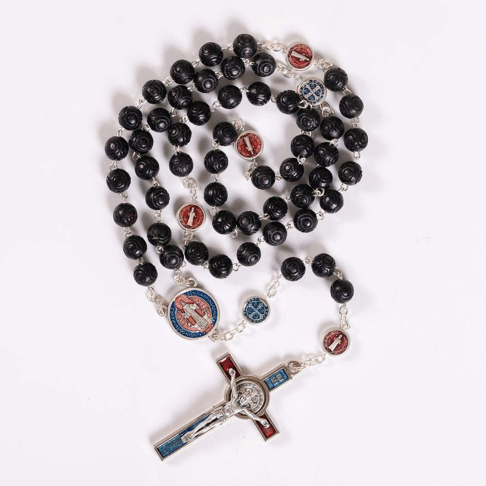 Black Carved Bead St. Benedict Rosary with Blue Enamel Accents
