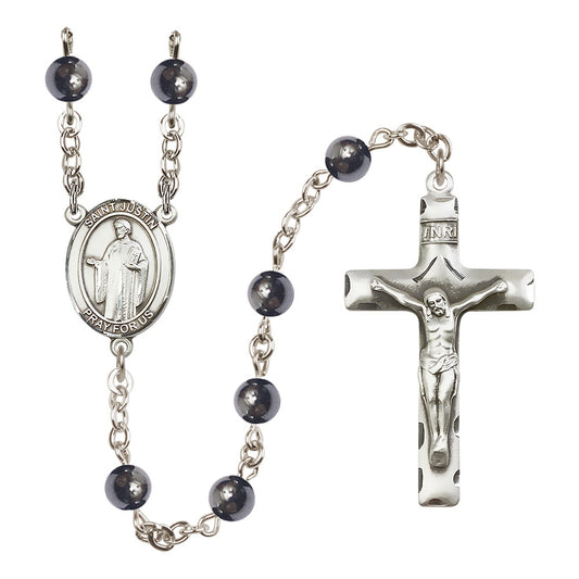 Silver Plated St. Justin Hematite Rosary