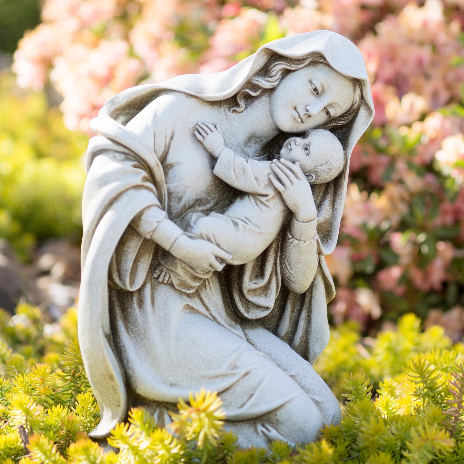 Kneeling Madonna & Child Garden Statue - 13.5"