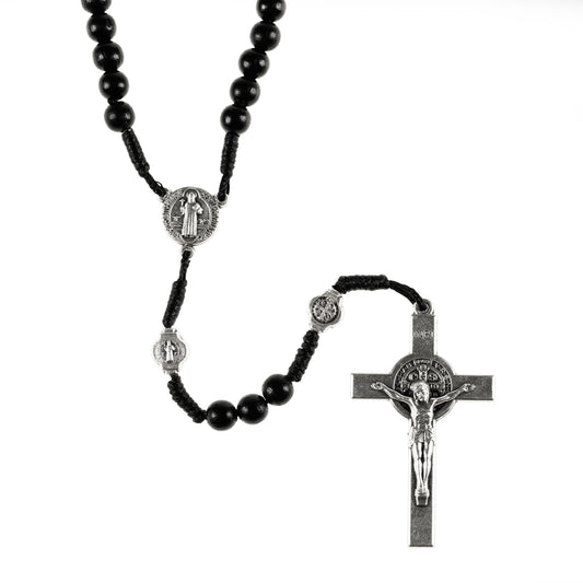 Black St. Benedict Wood Bead Corded Rosary