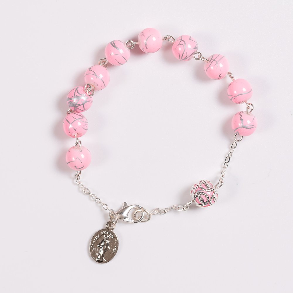 Italian Marbled Silver & Pink Bead Rosary Bracelet