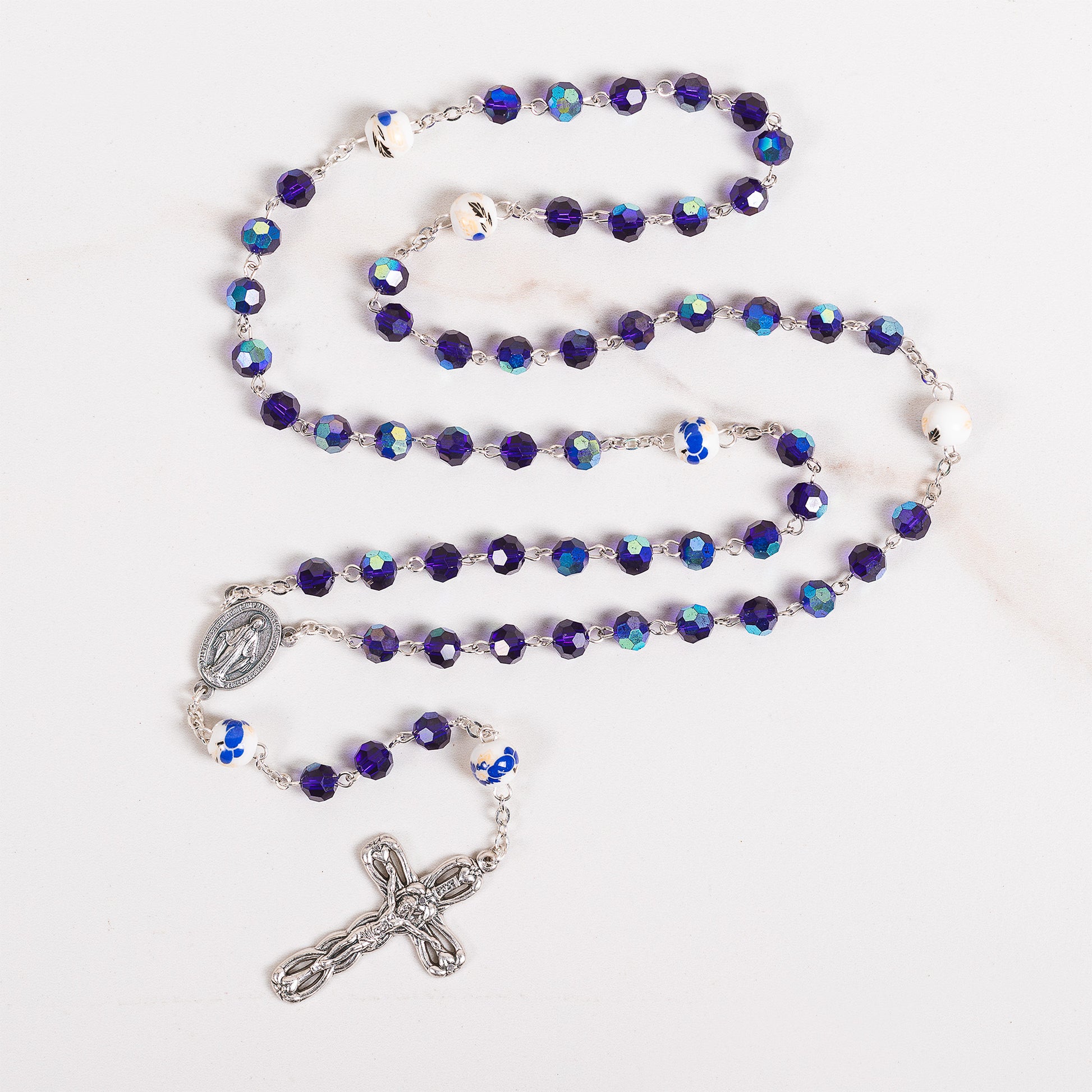 Blue Crystal & Floral Bead Miraculous Medal Rosary