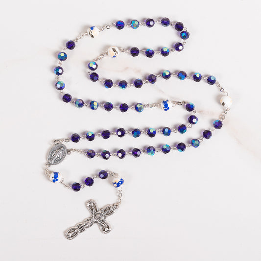 Blue Crystal & Floral Bead Miraculous Medal Rosary