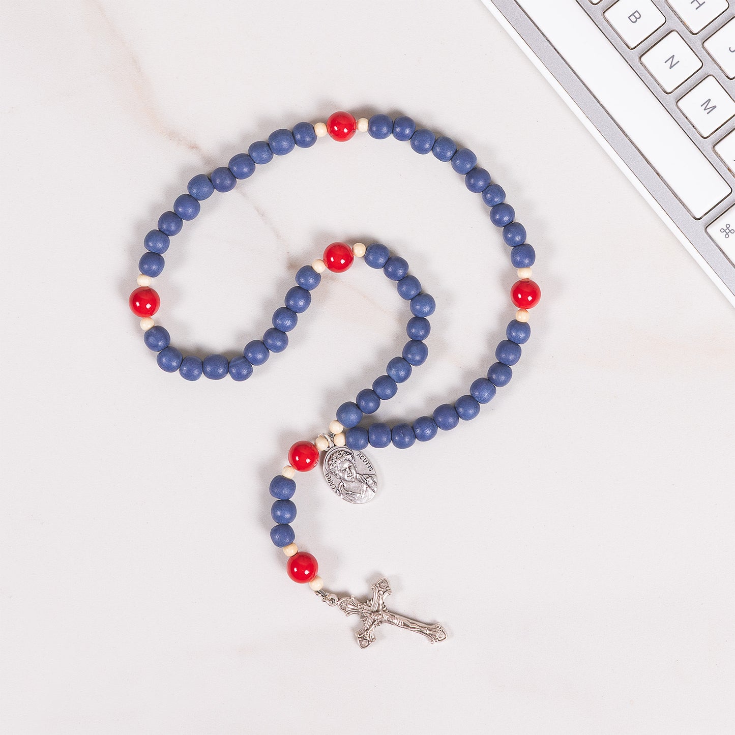 St. Carlo Acutis Blue Wood & Red Mountain Jade Rosary