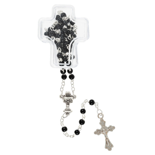 Black First Communion Rosary with Cross-Shaped Box