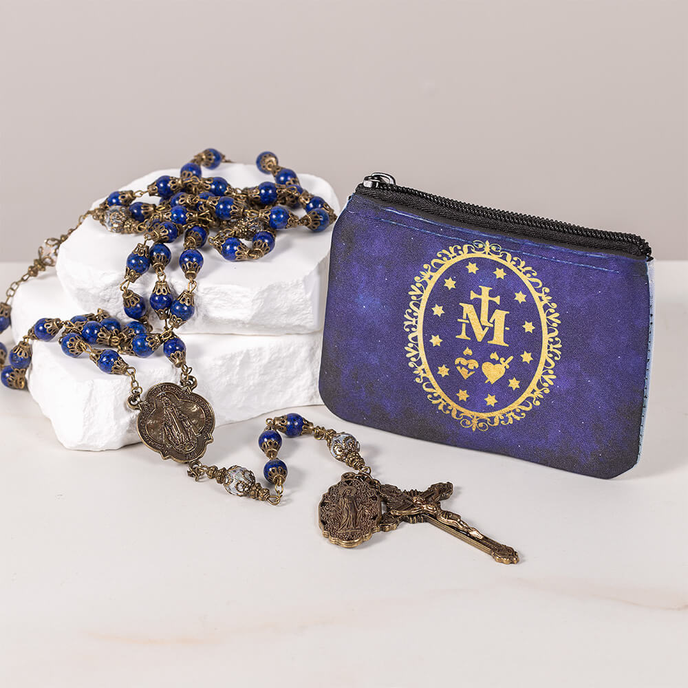 Vintage Miraculous Medal Rosary & Miraculous Rosary Pouch Gift Set