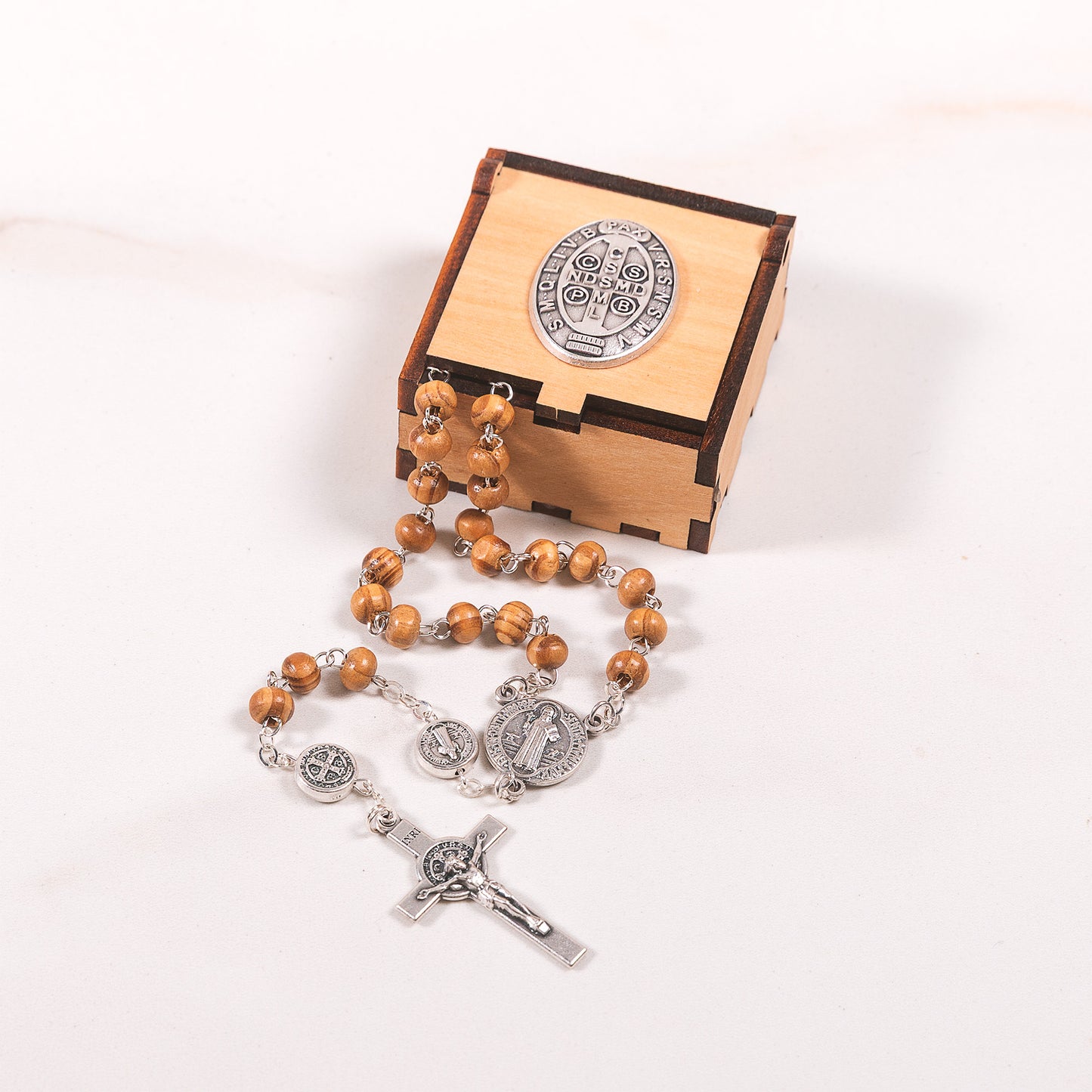 Italian Wood Rosary & St. Benedict Rosary Box