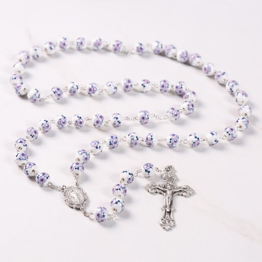 White & Violet Flower Bead New England Pewter Rosary