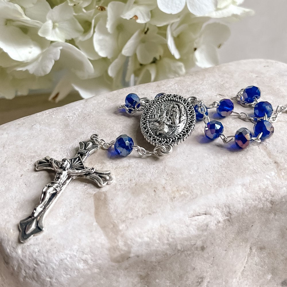 Blue Sun-Cut Crystal Lourdes Water Auto Rosary