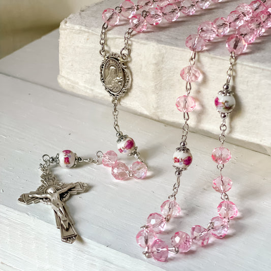 St Therese Pink Crystal & Ceramic Rosary