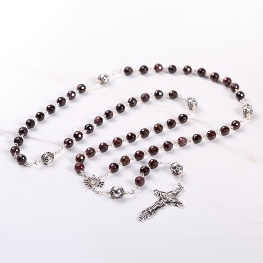Sterling Silver Seven Sorrows Garnet Rosary, 7mm