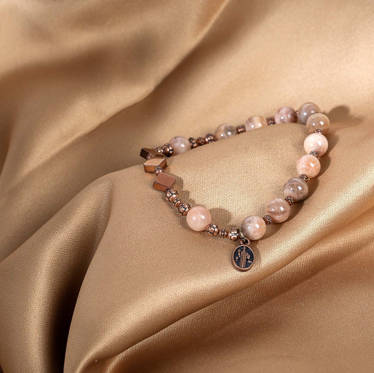 Moonstone & Copper St. Benedict Rosary Bracelet