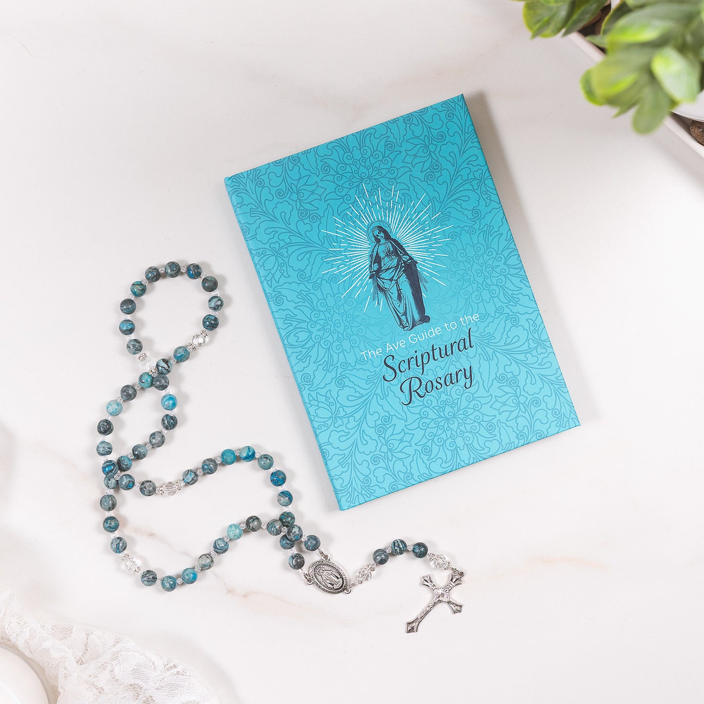 The Ave Guide to the Scriptural Rosary & Blue Jade & Crystal Miraculous Rosary Gift Set