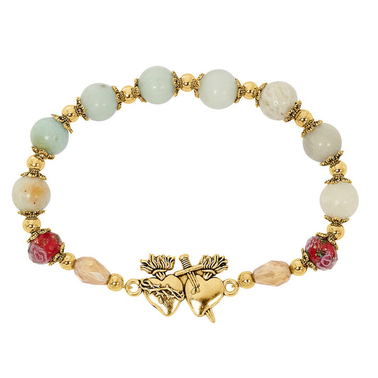 Gold Plated Two Hearts Amazonite Rosary Bracelet