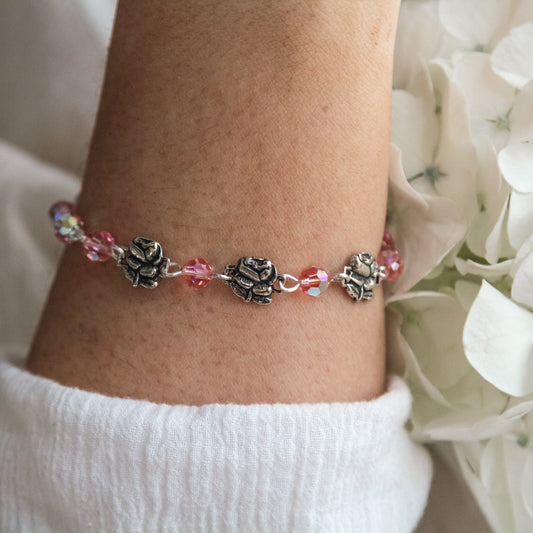 Sterling Silver Pink Swarovski Rosary Bracelet with Roses
