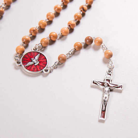 Olive Wood & Red Enameled Holy Spirit Rosary