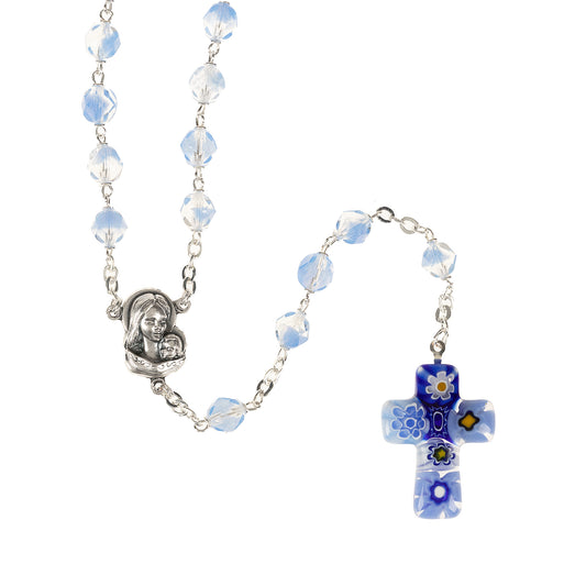 Blue Murano Flower Cross Crystal Rosary