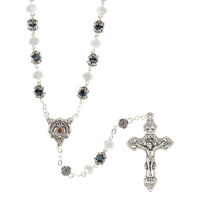 Southwestern Style Our Lady of Fatima Hematite & White Crystal Rosary