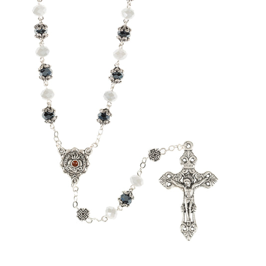 Southwestern Style Our Lady of Fatima Hematite & White Crystal Rosary