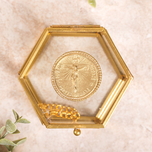 Gold Crucifix Glass Rosary Box