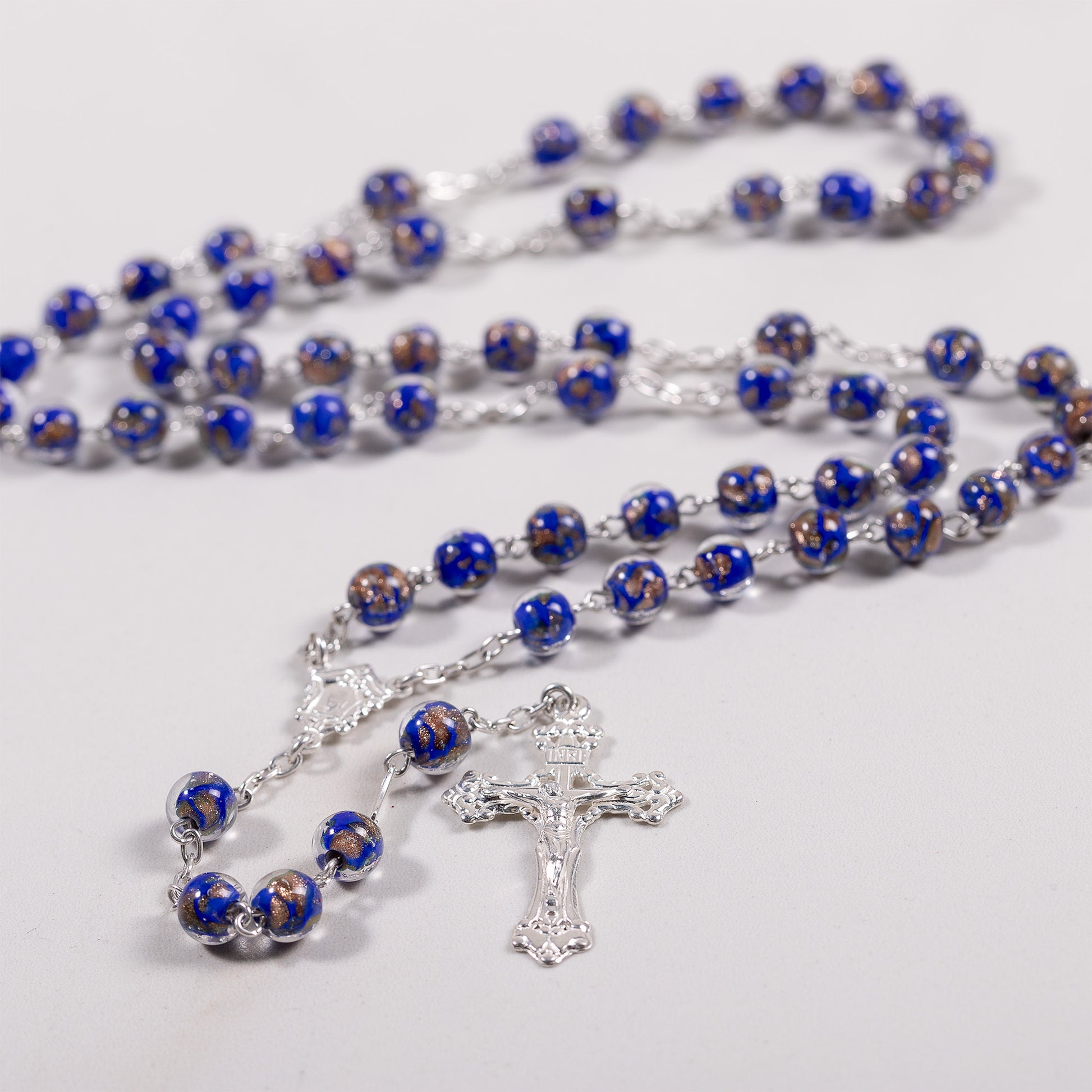 Italian Sterling Blue & Gold Glass Rosary