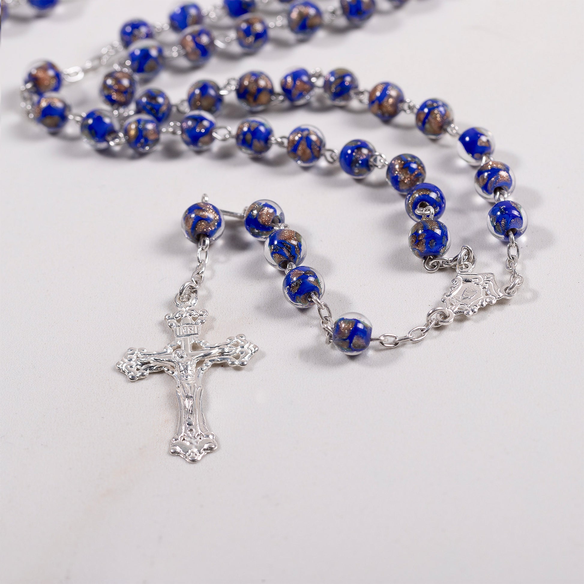 Italian Sterling Blue & Gold Glass Rosary