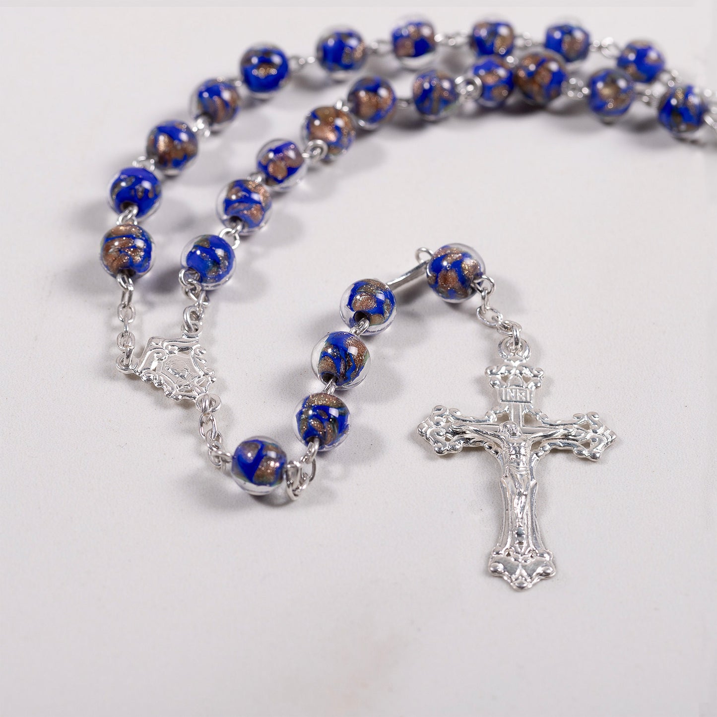Italian Sterling Blue & Gold Glass Rosary