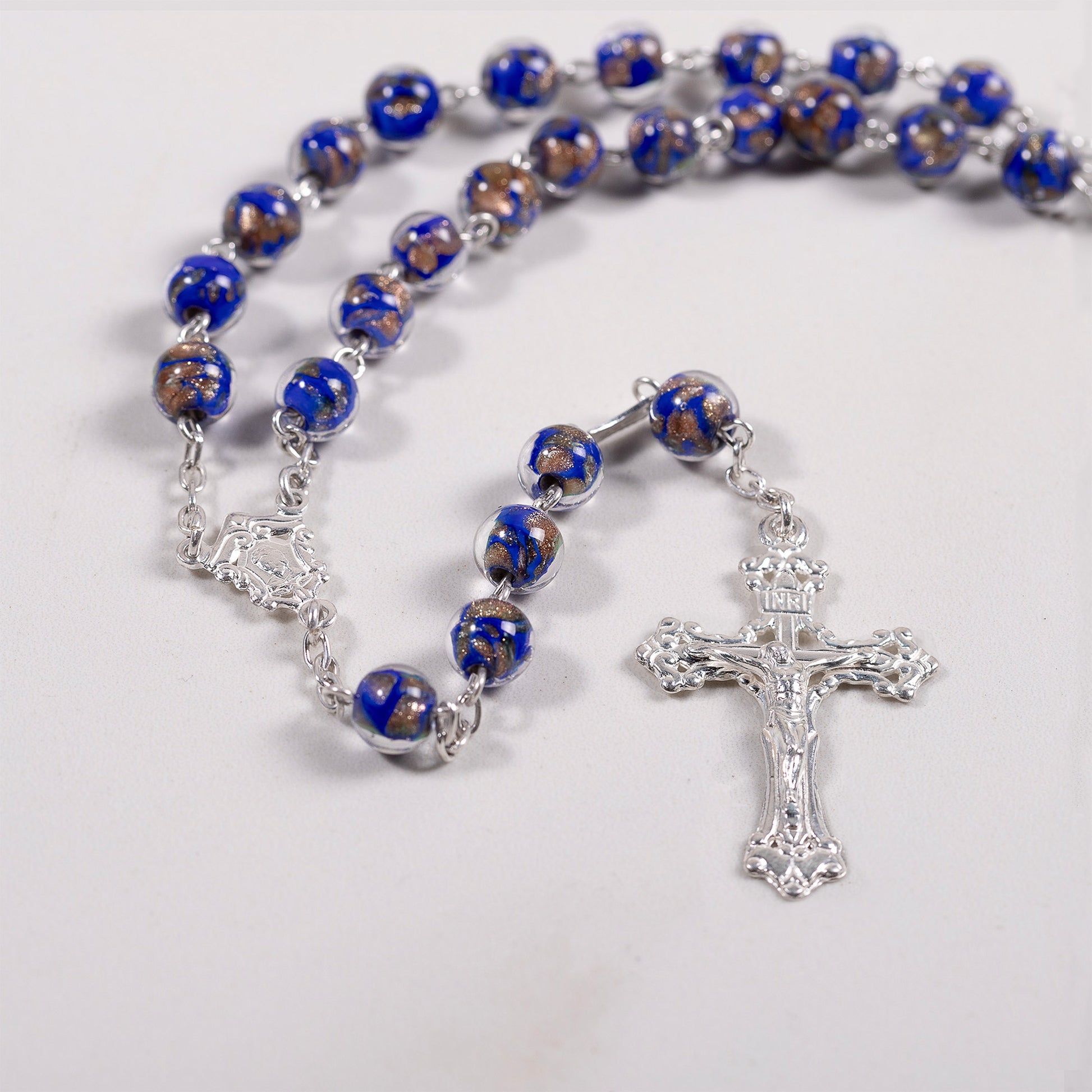 Italian Sterling Blue & Gold Glass Rosary