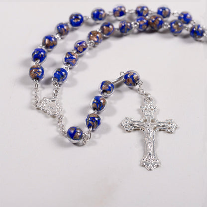 Italian Sterling Blue & Gold Glass Rosary